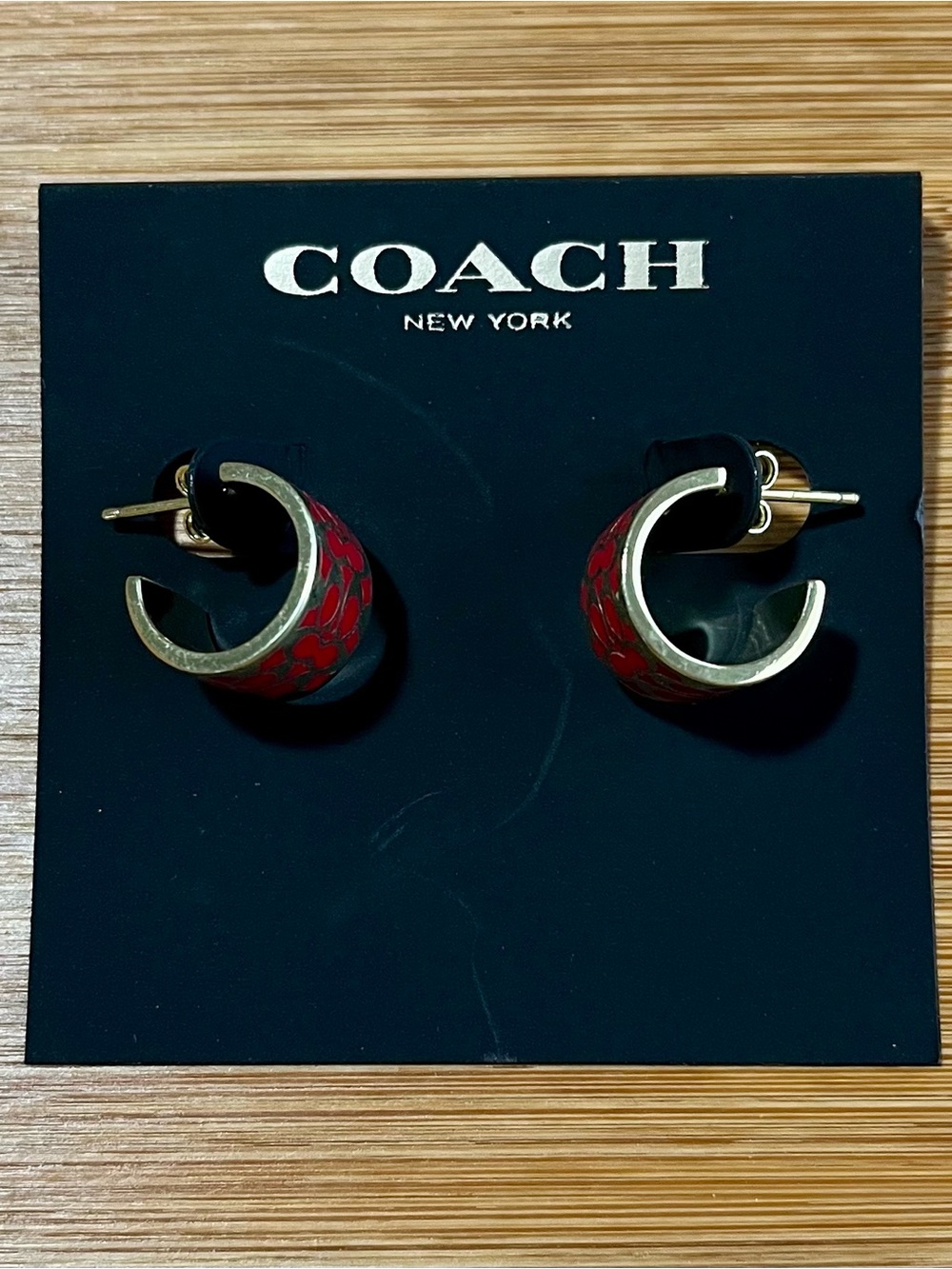 Coach Gold Tone & Red Enamel Signature Logo Huggie Hoop Earrings - Picture 2 of 4